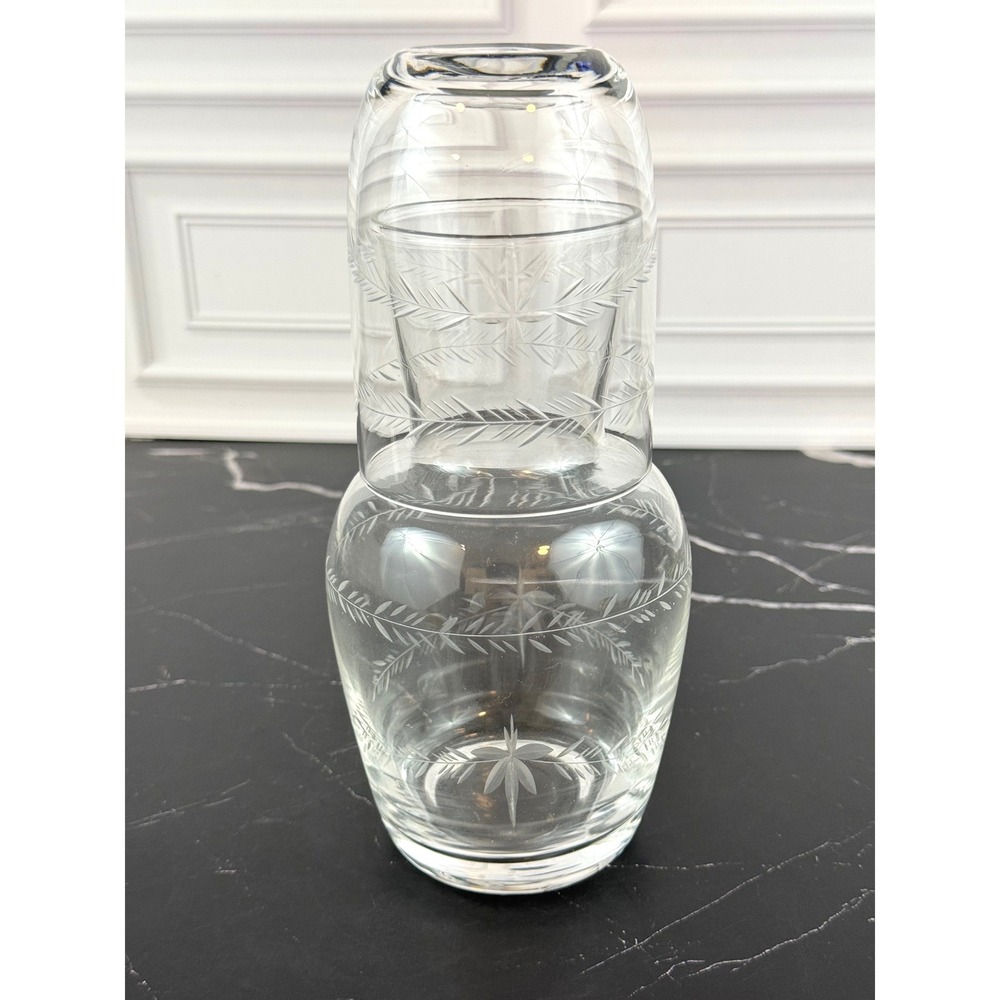 VTG Floral Etched Clear Crystal Carafe with Water Glass Set 7" Tall MINT!